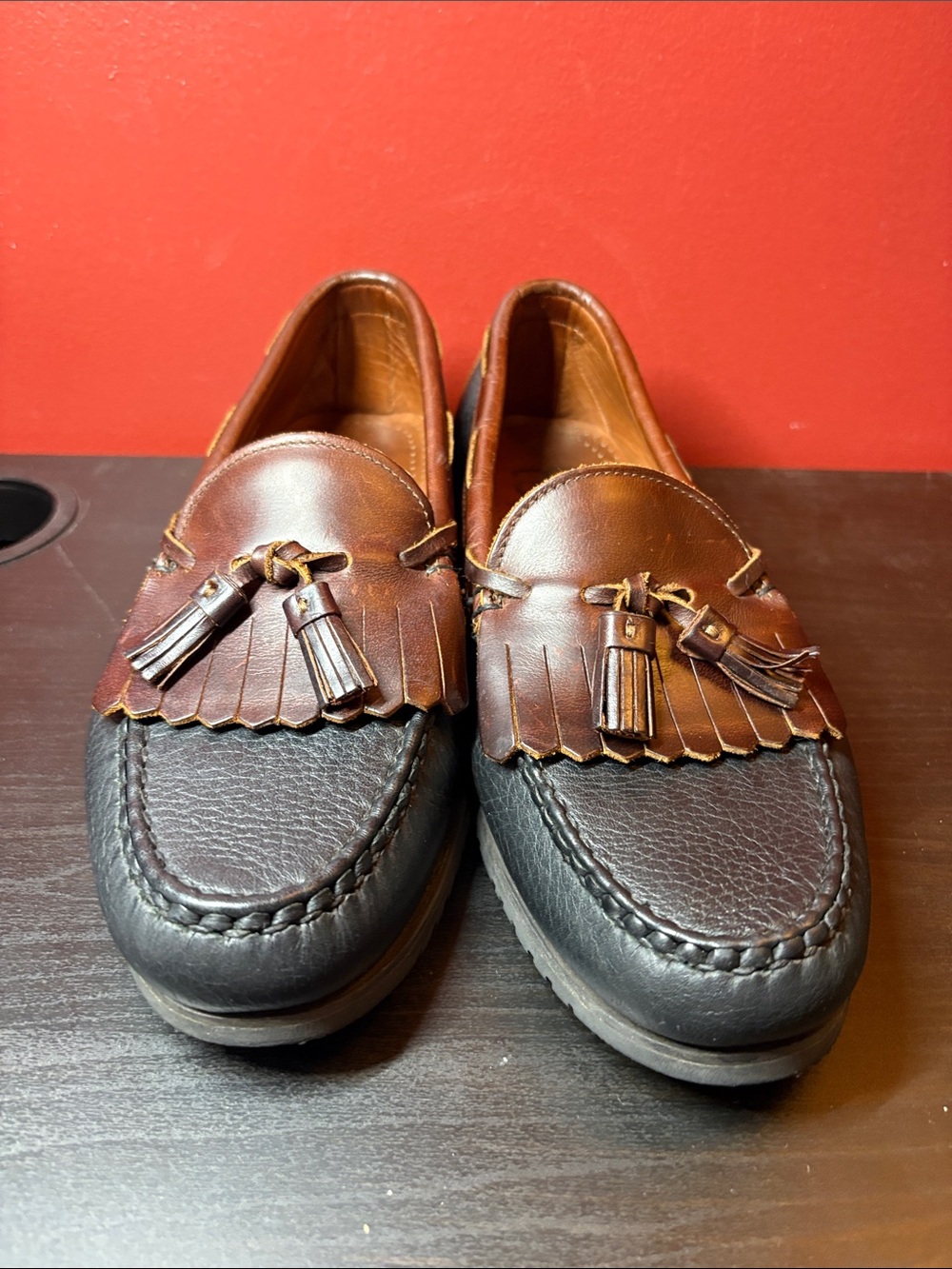 Allen Edmonds Two-Tone Brown and Dark Brown Tassel Kiltie Loafers